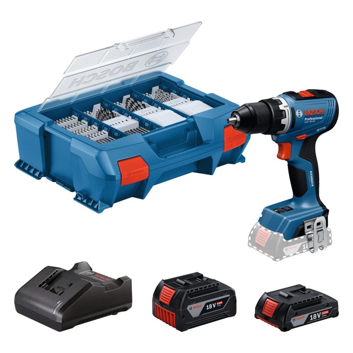Bosch Professional GSR 18V-65 trapano avvitatore a batteria con 2 batterie, caricabatterie e L-Boxx.