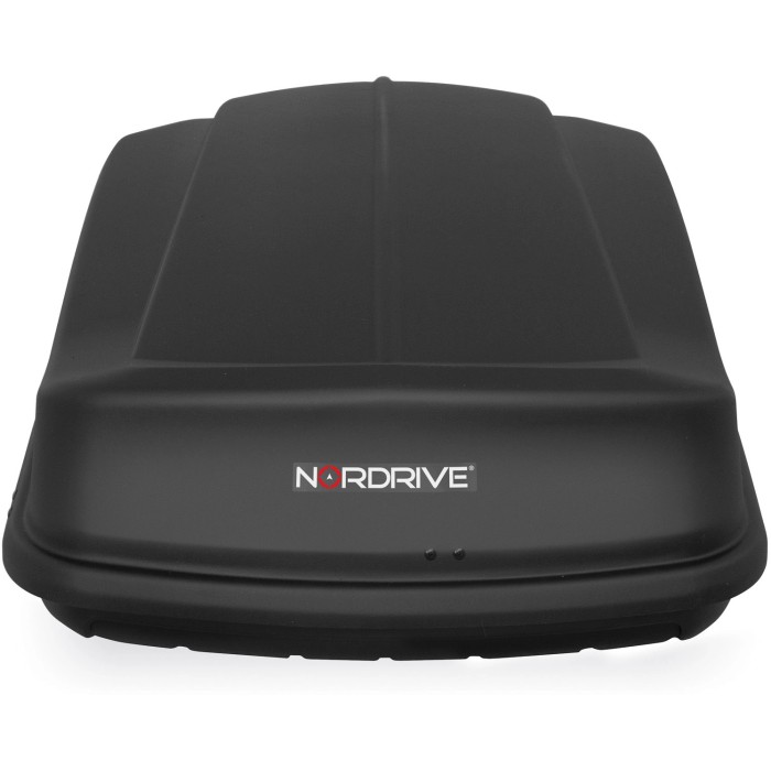 Box da tetto nera Nordrive per il trasporto di bagagli e attrezzature.