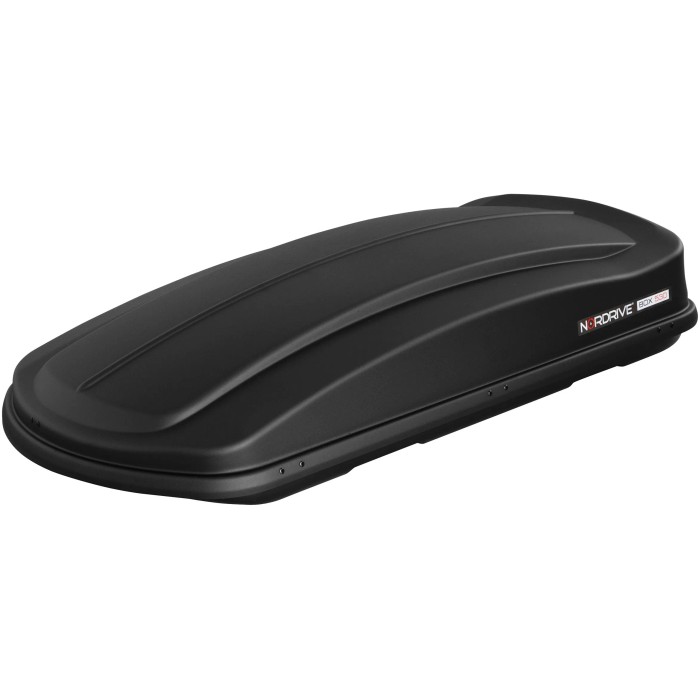 Box da tetto nera per portapacchi auto, accessorio per il trasporto.
