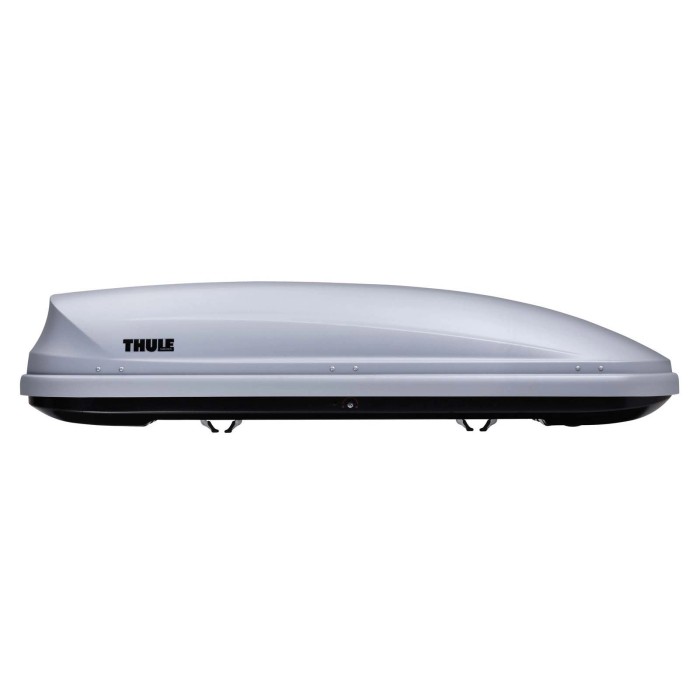 Box da tetto Thule grigia per il trasporto di bagagli e attrezzature.