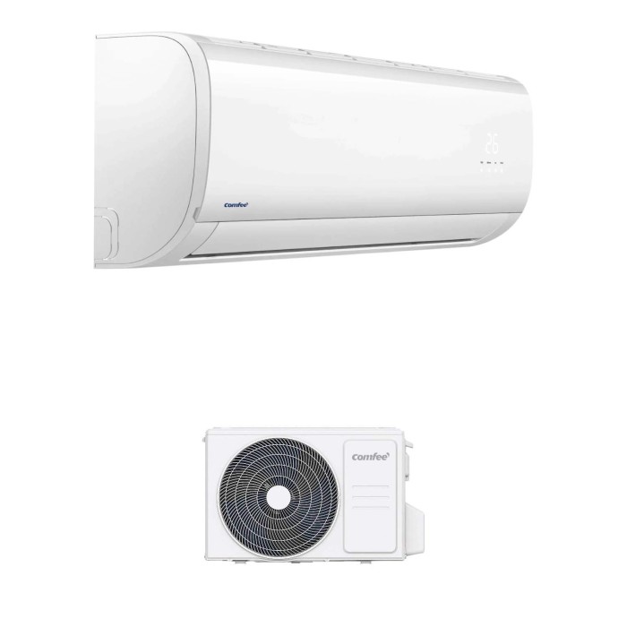 Climatizzatore t.b.t. bianco con unità interna ed esterna.