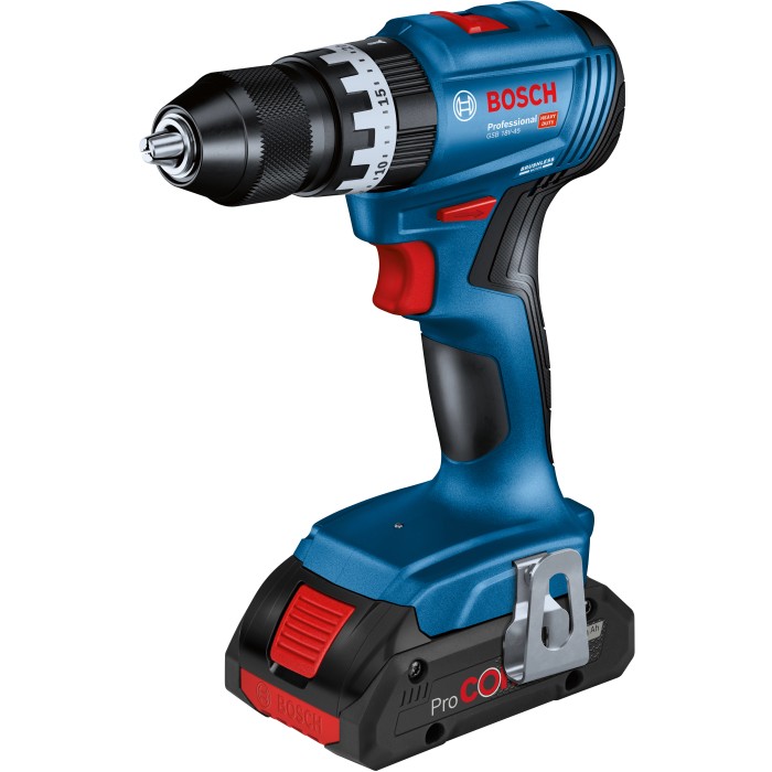 Avvitatore a batteria Bosch Professional GSB 18V-45 blu con mandrino e clip da cintura.