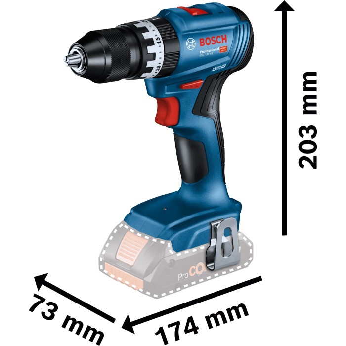 Avvitatore a batteria Bosch Professional GSB 18V-45 Solo, blu, con mandrino autoserrante e clip da cintura.