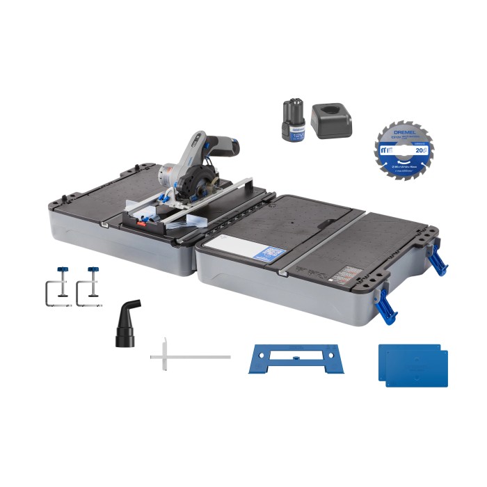 Sega circolare Dremel Mobile-Sägestation CS12V-S1C con accessori e valigetta da tavolo.