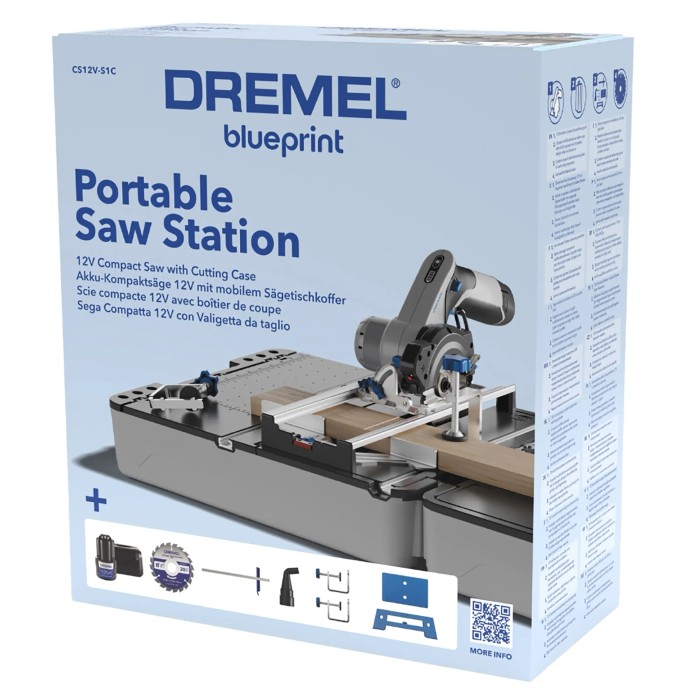 Dremel Mobile-Sägestation CS12V-S1C nella scatola con accessori. Sega circolare compatta con valigetta da tavolo.