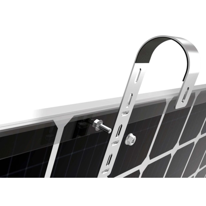 Dettaglio di un modulo solare da balcone con staffa argentata.