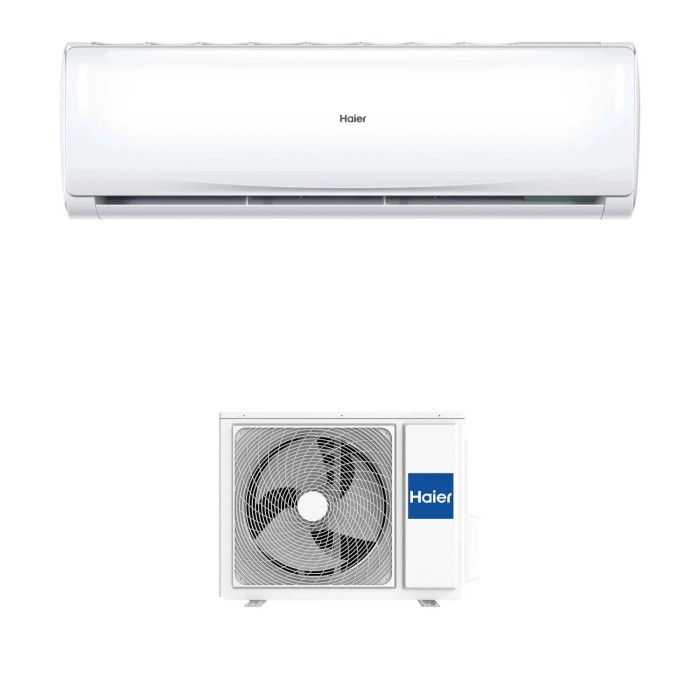 Climatizzatore Haier bianco, unità interna ed esterna.