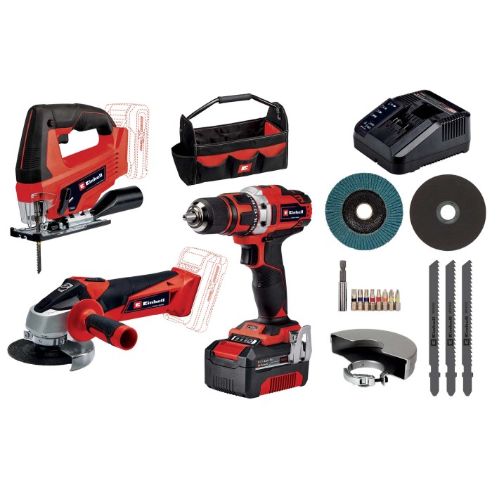 t.b.t. Set di utensili a batteria con trapano avvitatore a batteria, seghetto alternativo, smerigliatrice angolare, caricabatterie e accessori.