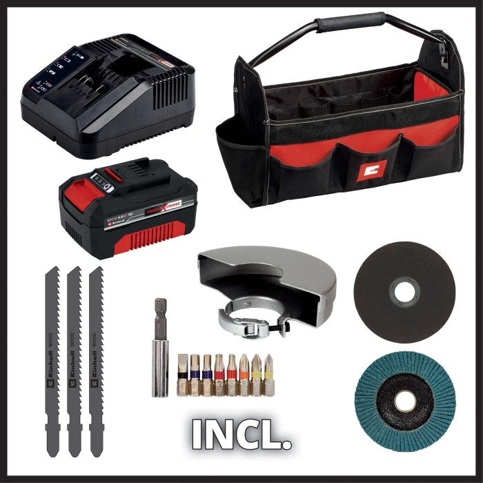 Set batteria t.b.t. con caricabatterie, borsa porta attrezzi, dischi da taglio, punte e lame per seghetto.