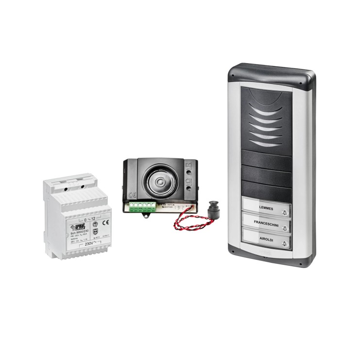 t.b.t. Kit completo per citofono con unità esterna, alimentatore e altoparlante.