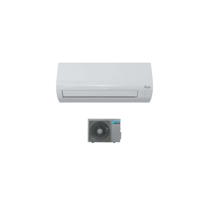 Climatizzatore t.b.t. bianco con unità interna ed esterna per un clima confortevole.