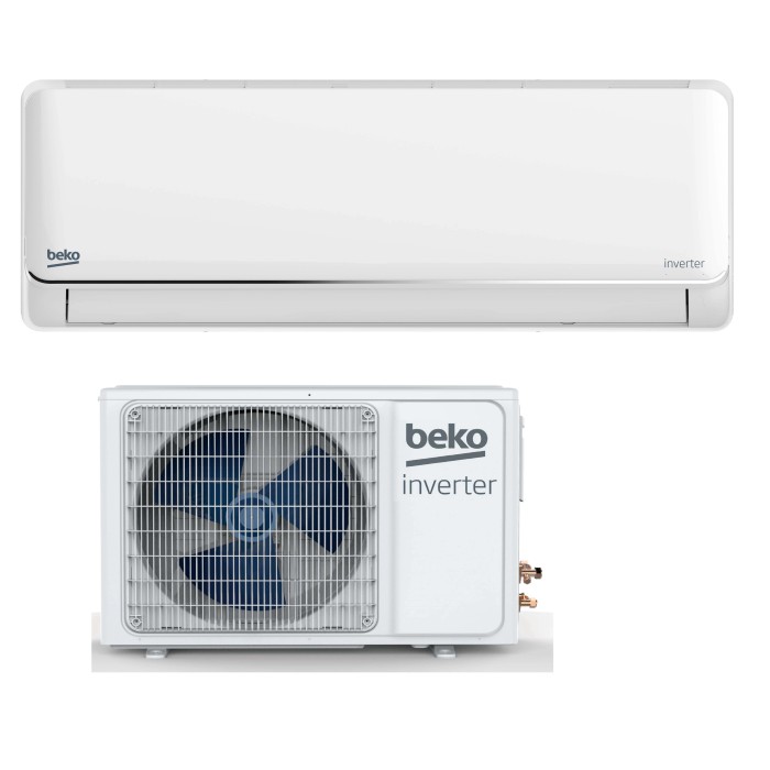 Condizionatore Beko bianco con unità interna ed esterna. Climatizzatori per un clima confortevole.