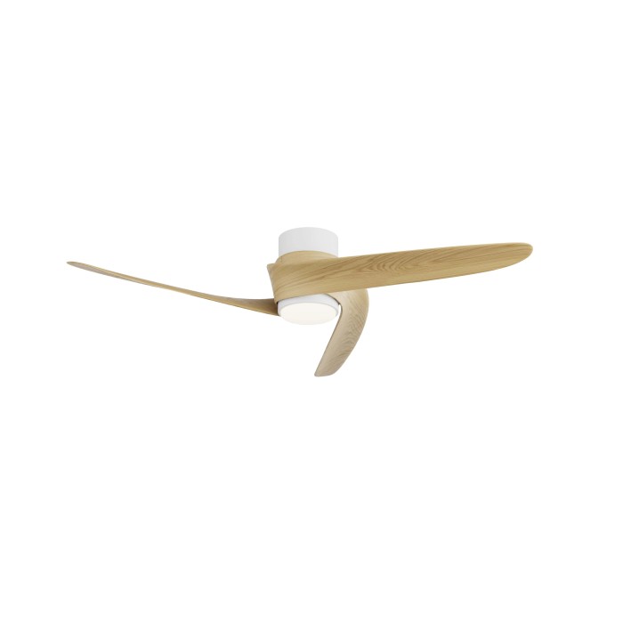 Ventilatore da soffitto moderno con effetto legno e illuminazione LED.