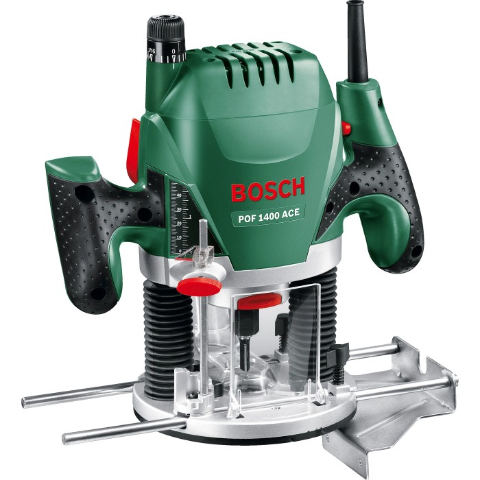 Fresatrice Bosch 1400 ACE: Fresatrice potente con corpo verde e accessori.