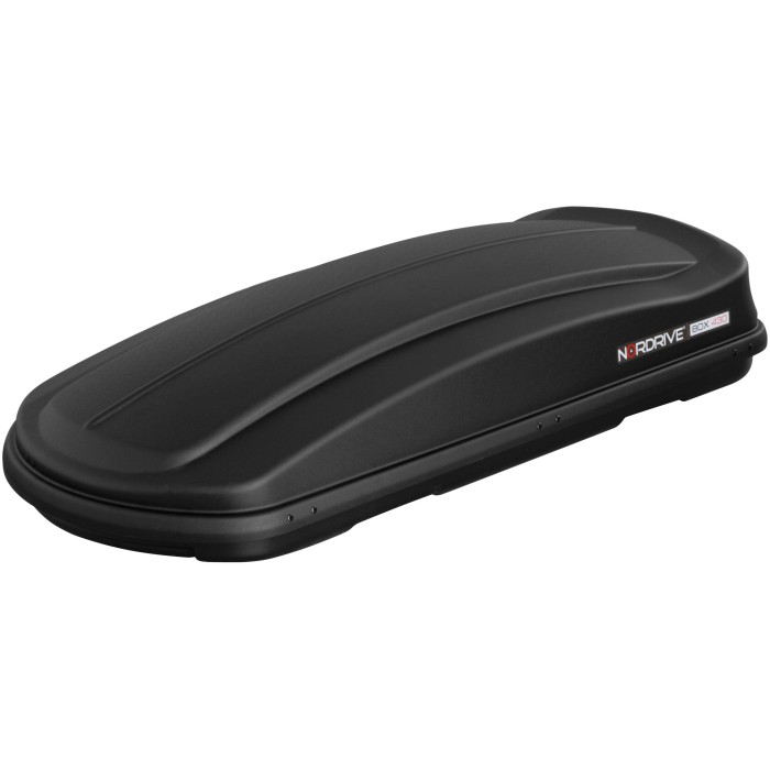 Box da tetto nera per portapacchi auto, accessorio per il trasporto.