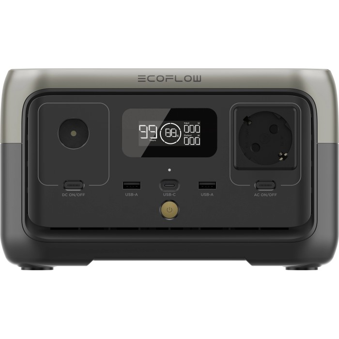 EcoFlow River 2 Power Station: Power station compatta grigia con display e porte.