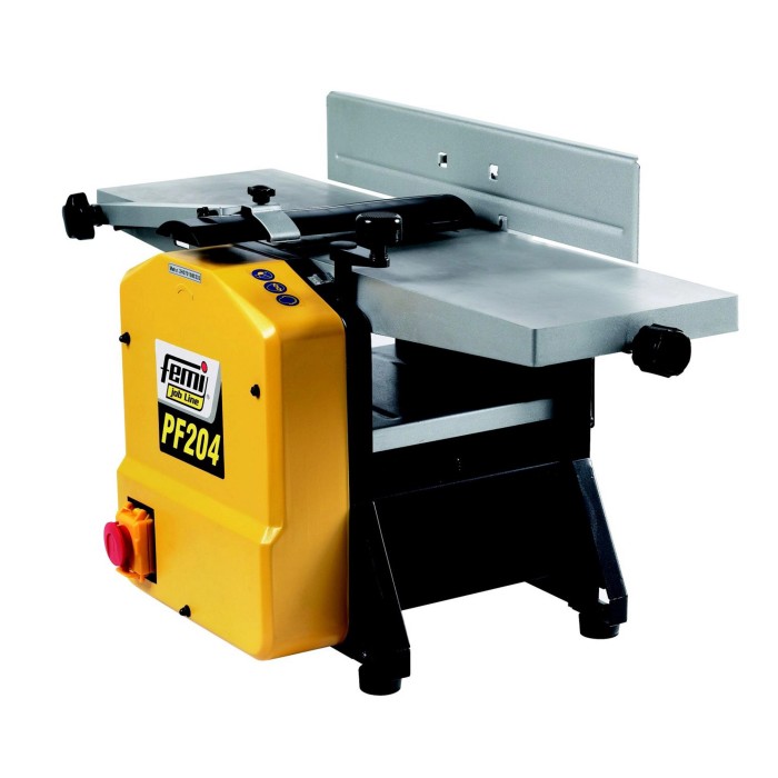 Pialla t.b.t. per la lavorazione del legno. Corpo giallo, banco pialla grigio con guida.