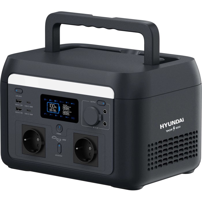 Generatore di corrente portatile Hyundai Thor 600, ideale per campeggio ed emergenze.