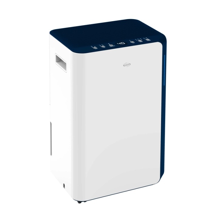 Deumidificatore bianco con bordo blu e display digitale.