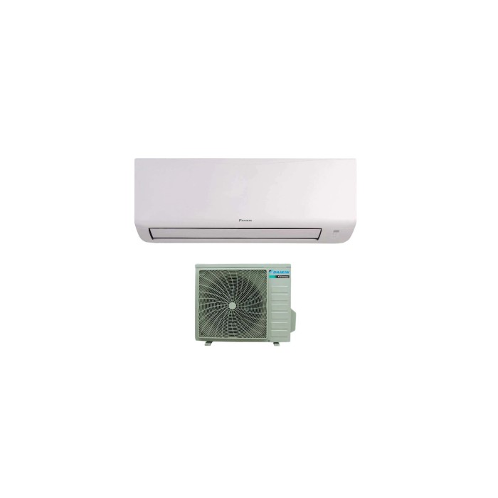 Climatizzatore t.b.t. bianco con unità interna ed esterna per un clima confortevole.