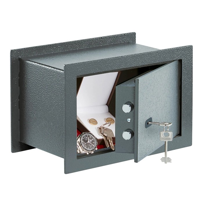 Cassaforte a muro Burg Wächter Pure Safe PSW 120 K antracite con porta aperta e contenuto.