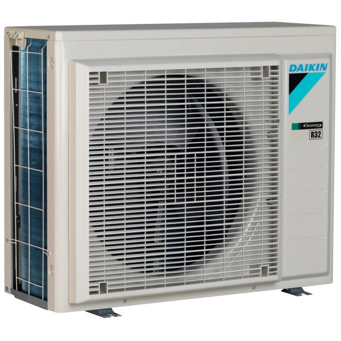 Unità esterna Daikin Climatizzatori, rivestimento bianco con griglia di ventilazione.