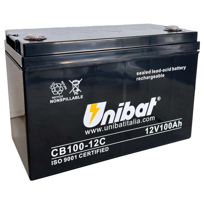 Batteria auto nera Unibat CB100-12C, 12V 100Ah, per impianto elettrico auto.