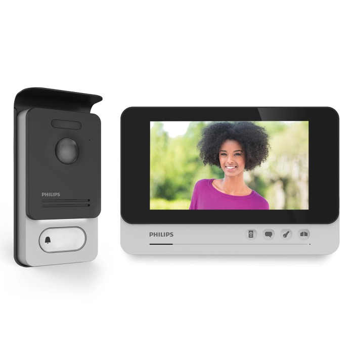 Sistema citofonico Philips con unità esterna e interna. Videochiamata con persona sul display.