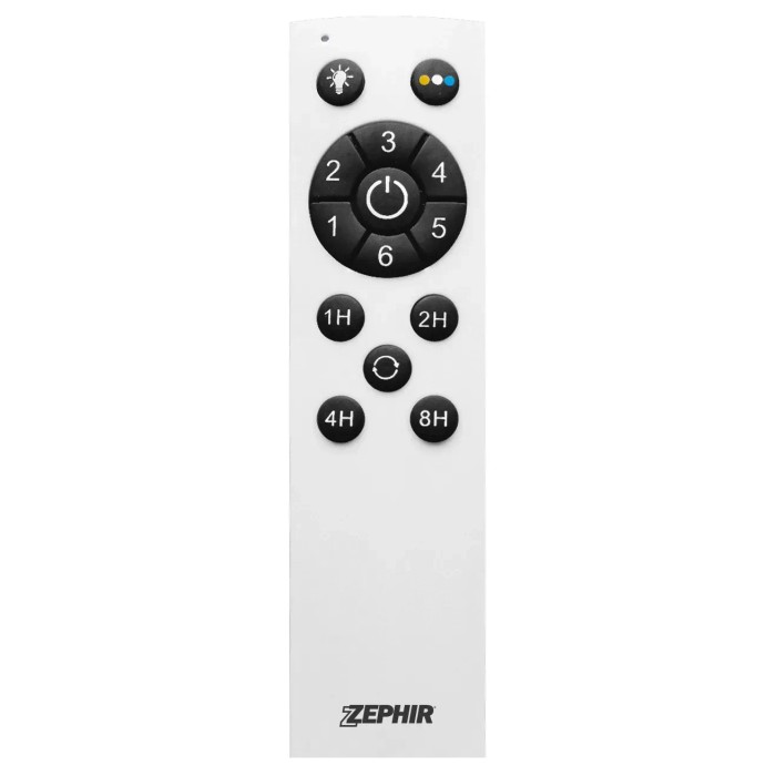 Telecomando bianco per ventilatore con funzioni luce e timer.