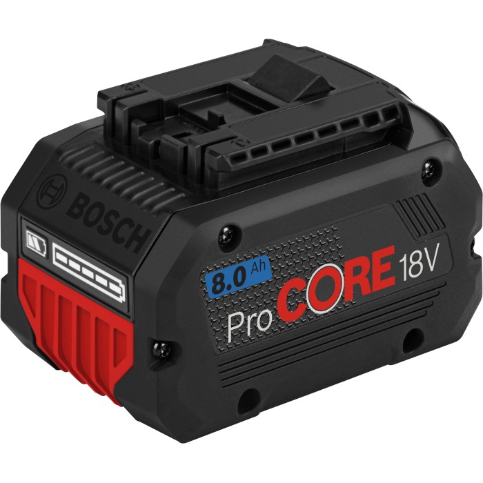 Batteria Bosch Professional ProCore 18V 8Ah per elettroutensili, nera con dettagli rossi.