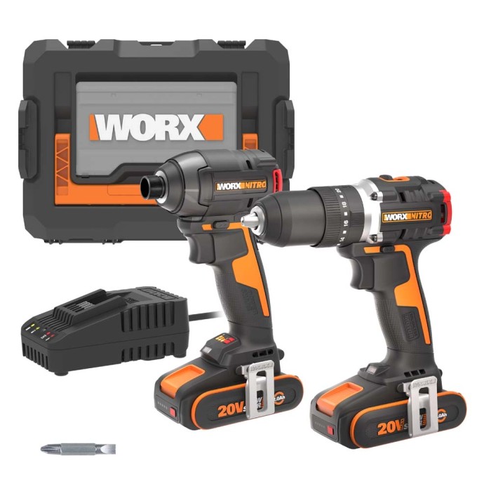 Set avvitatore a impulsi a batteria WORX Nitro con caricabatterie e custodia.