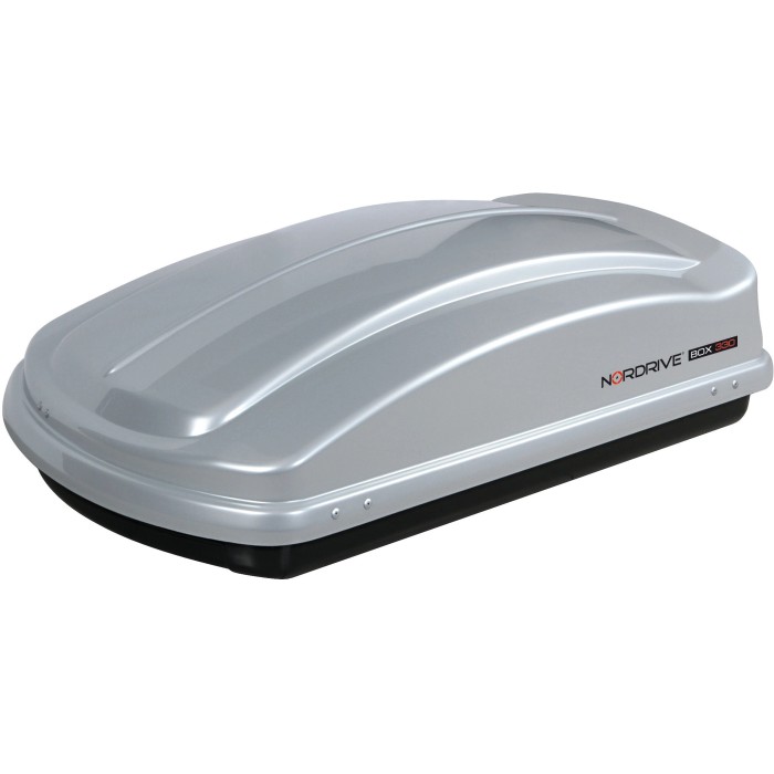 Box da tetto argentato per portapacchi auto, accessorio per il trasporto.