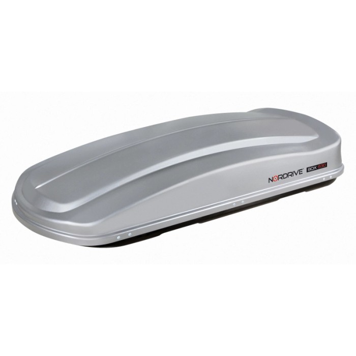Box da tetto argentato per trasporto auto, marca Nordrive.