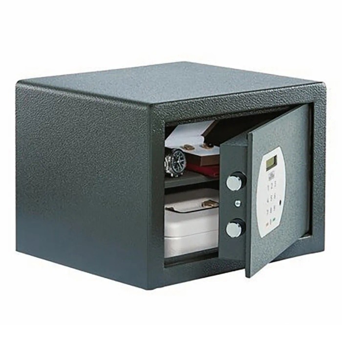 Cassaforte per mobili Burg Wächter Pure-Safe PS 120 E, antracite, con porta aperta e serratura elettronica.