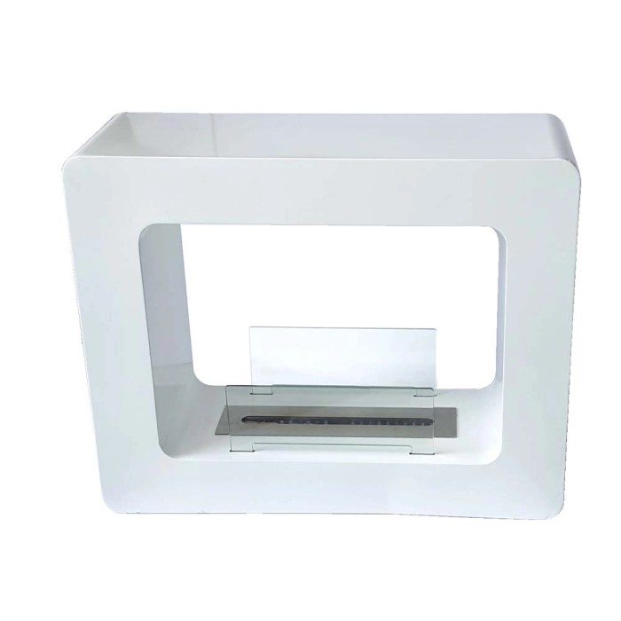 Camino decorativo t.b.t. bianco con inserto in vetro per un'atmosfera accogliente.
