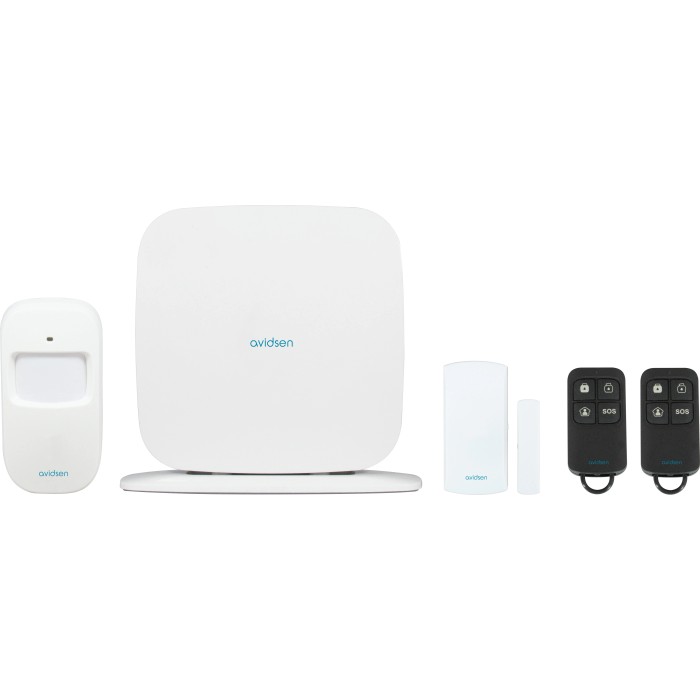 Kit sistema di allarme Avidsen: unità centrale, sensore di movimento, sensore porta e 2 telecomandi.