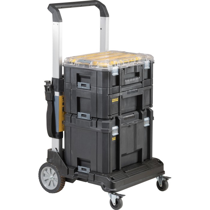 Sistema di valigie portautensili Stanley FatMax Tstak con carrello pieghevole in alluminio per un facile trasporto.