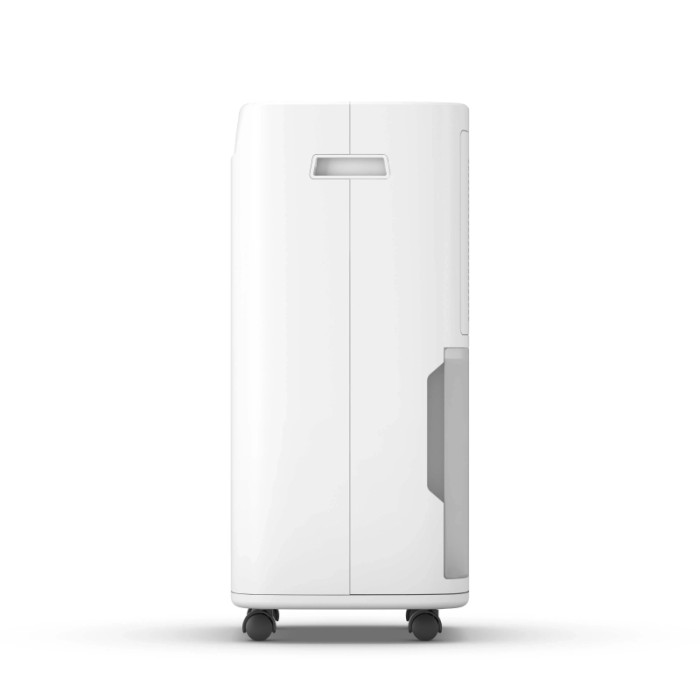 Deumidificatore portatile bianco t.b.t. con ruote e serbatoio dell'acqua.