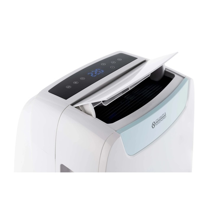 Condizionatore portatile t.b.t. bianco con display digitale e aletta aperta.
