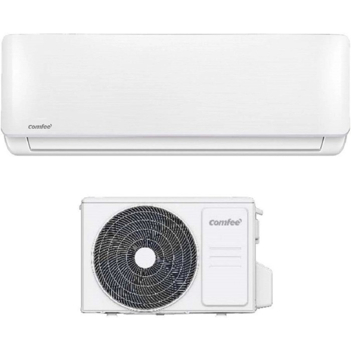 Climatizzatore t.b.t. bianco, composto da unità interna ed esterna.