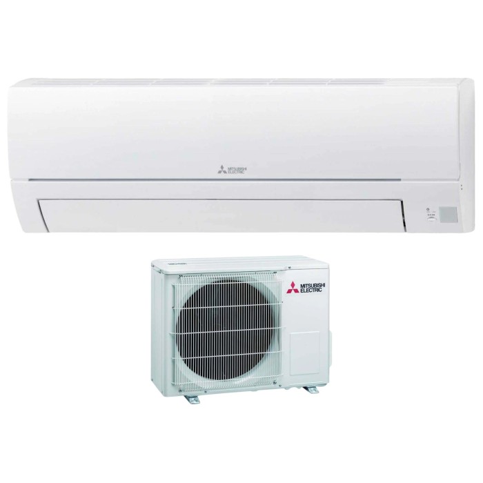 Climatizzatore t.b.t. bianco con unità interna ed esterna.