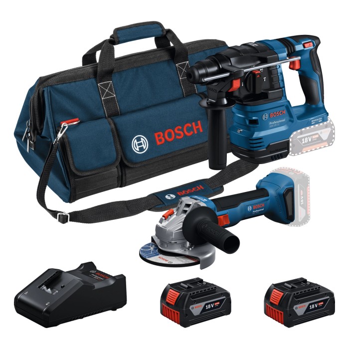 Set combinato cordless Bosch Professional: martello perforatore, smerigliatrice angolare, batterie, caricabatterie e borsa.