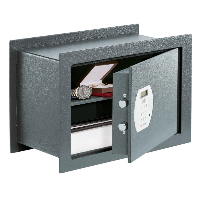 Cassaforte a muro Burg Wächter Pure Safe PSW 130 E, antracite, con porta aperta e contenuto.