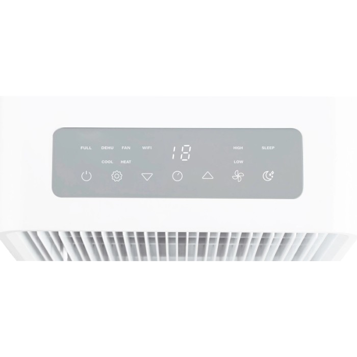 Primo piano: Pannello di controllo del condizionatore portatile KGM 12000-58 con touch screen e display digitale.