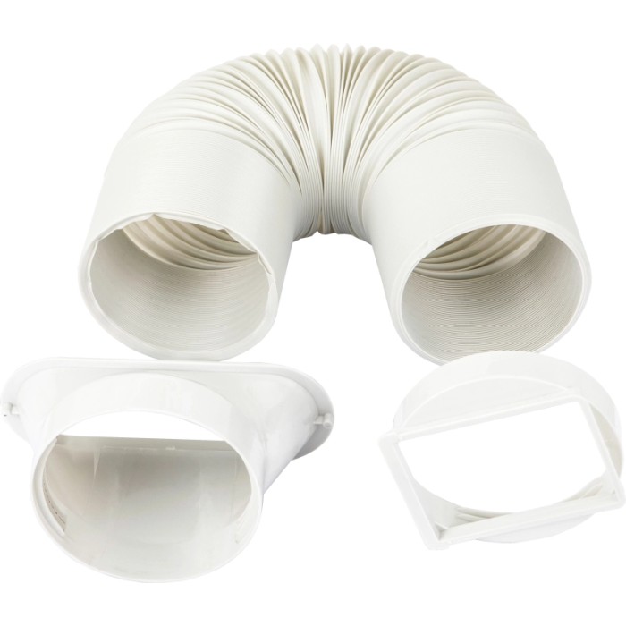 Accessori per condizionatore portatile: tubo di scarico, adattatore per finestra e ugello in bianco.