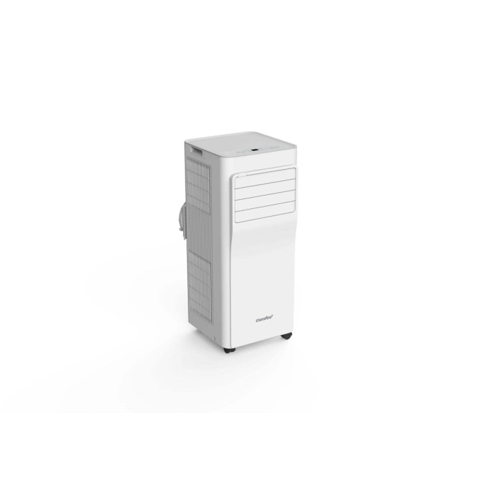Climatizzatore t.b.t. bianco mobile su ruote, con griglie di ventilazione laterali.