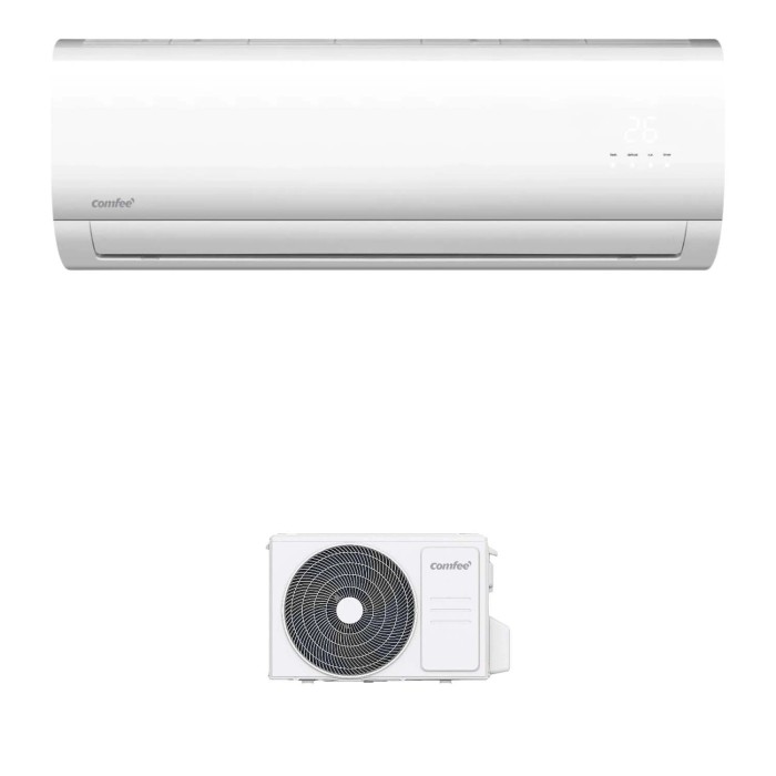 Climatizzatore t.b.t. bianco con unità interna ed esterna.