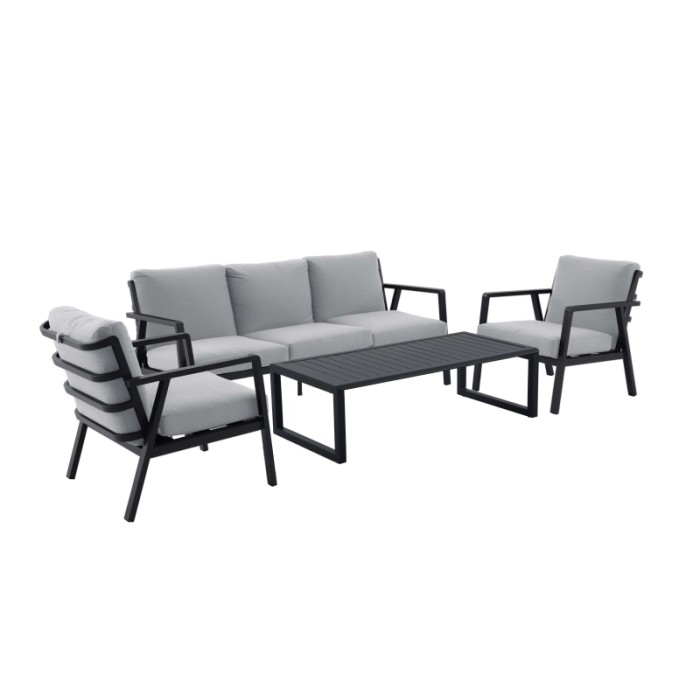 Set lounge Tamworth 4 pezzi in grigio antracite con tavolo, divano e poltrone per il giardino.