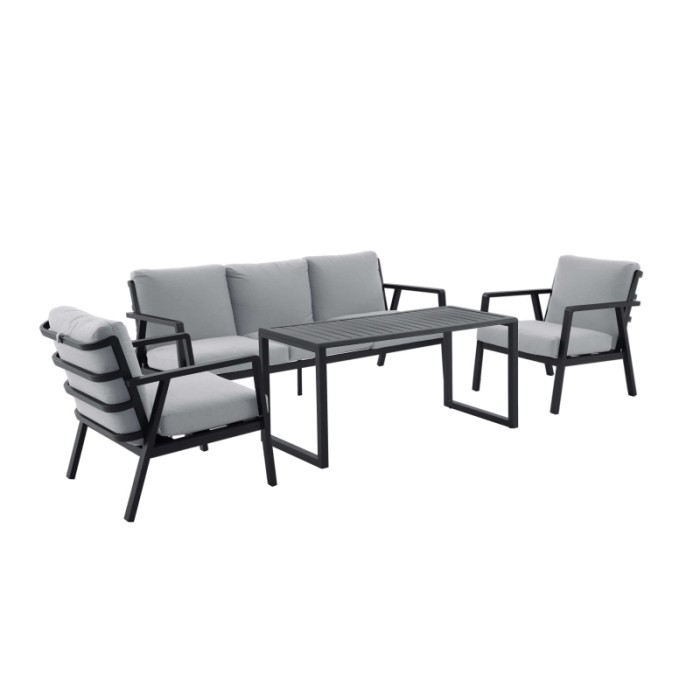 Set lounge Tamworth 4 pezzi antracite-grigio con tavolo, divano e poltrone per zona pranzo esterna.