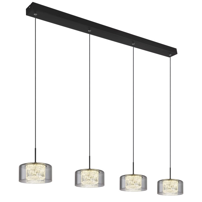 Moderna lampada a sospensione t.b.t. con quattro paralumi in vetro grigio per un'illuminazione elegante.